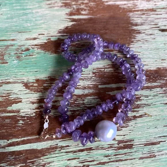 14k Amethyst Bead Necklace with Pearl - Picture 3 of 12